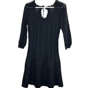 VTG Betsey Johnson Sweater Dress Knitted Eyelet Keyhole Tie Back Y2K Black S